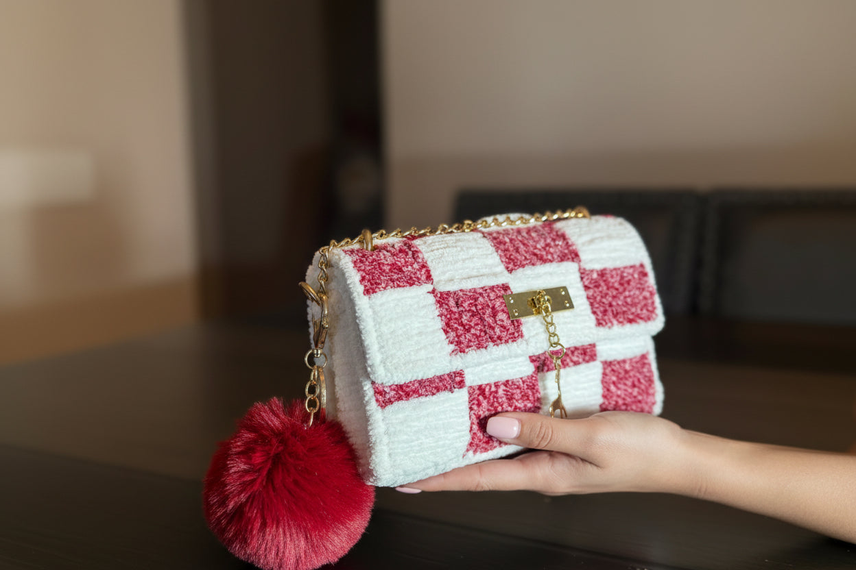 Velvet handmade crochet bag , chenille yarn